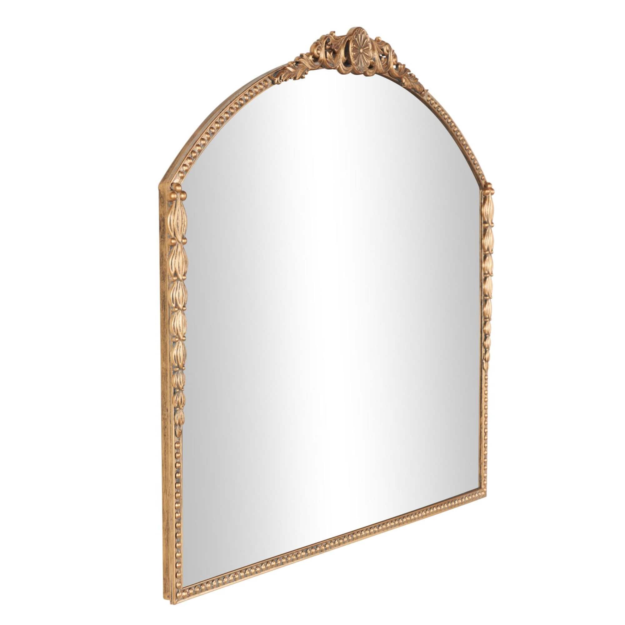 33" Gold Metal Scroll Orante Antique Arch Wall Mirror with Beaded Frame